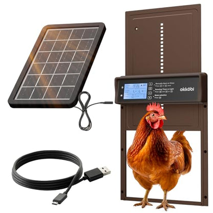 Okkobi Automatic Chicken Coop Door Solar Powered - LCD Display - Light Sensor & Timer - Security & Peace of Mind: Anti-Pinch Function - 5-Year Protection - Dark Brown - color: Dark Brown