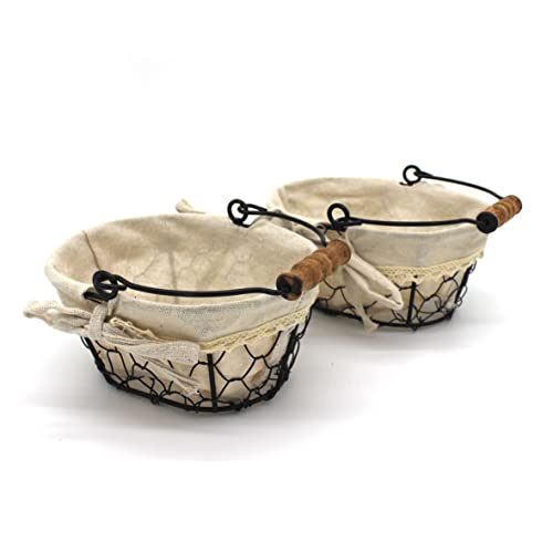 CVHOMEDECO. Primitives Country Chicken Wire Small Gift Baskets Gathering Baskets with Wooden Handle and Fabric Liner. Set of 2 (Oval) Matt Black