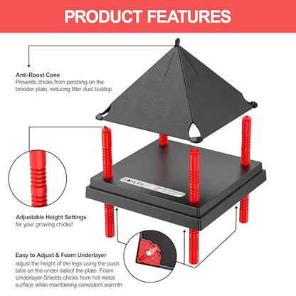 Chick Brooder Heating Plate with Anti Stand Cone, Adjustable Height Brooder Heater for Chicks, Downward Heat Distribution for Outdoor Barns & Coops (10" x 10" Black) - size: 10" x 10"