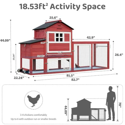 Chicken Coop with Wheels for 4-6 Chickens, Mobile Hen House with Run, Outdoor Chicken Coop, Ventilated Window, Easy-Clean Nesting Box, Weatherproof Asphalt Roof, 82.7” L x 25.6” W x 44.1” H, Red - color: Red