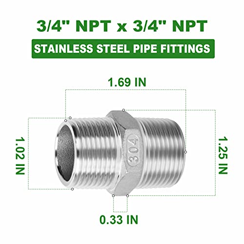 TAISHER 5PCS Cast 304 Stainless Steel Hex Nipple, Pipe Fitting 3/4-Inch Male Pipe x 3/4-Inch Male Pipe - size: 3/4" NPT