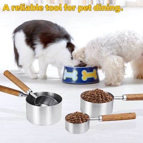 4 Pcs Dog Food Scoop, Stainless Steel 1 Cup, 1/2 Cup, 1/3 Cup, 1/4 Cup Measuring Cup, Cat Food Scoop with Wood Handle, Pet Food Scoop