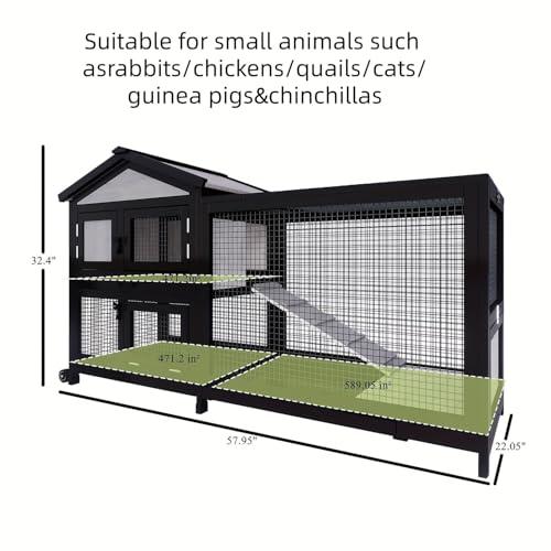 Uoyotar 57" Indoor Rabbit cage,Rabbit Hutch Bunny Cage Outdoor Guinea Pig Cage Small Chicken Coop with 2 Wheels with Bedding, Pull Out Tray no Leak,Waterproof Roof,2 Story Solid - size: 58.0"L x 22.1"W x 32.4"H