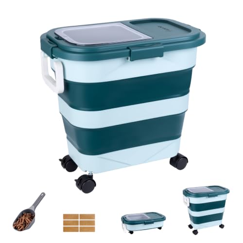 Wood Pellet Storage Container 30-40lbs, Airtight Bin with Locking Lid & Clear Window, Collapsible Pellet Bucket with Wheels, Scoop & Labels, Dark Green - color: Green-L