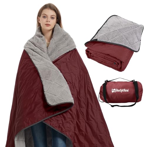 Outdoor/Indoor Sherpa Blanket, Oversized Waterproof Stadium Blanket for Cold Weather. Warm, Soft, Portable, Great for Stadium, Sports Events, Camping, Indoor - 82x56in., Antique Ruby - color: Antique Ruby