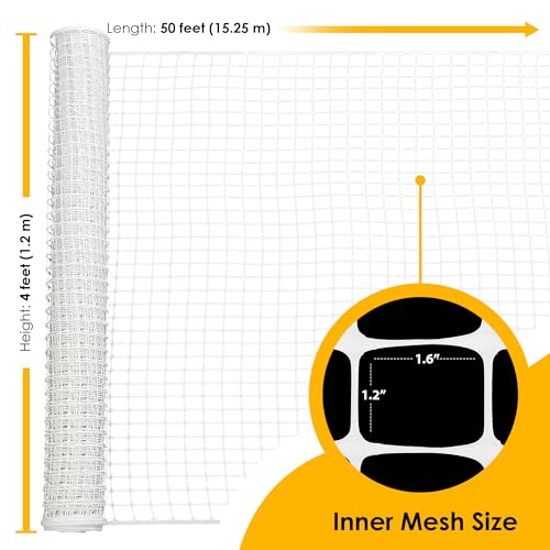 Houseables Plastic Fence, Plastic Mesh Fence, Mesh Fencing, Deer Netting, Cat Netting, Temporary, Wire Fencing, Balcony, Pets, Garden, Chicken, Poultry, Dogs, Construction, Yard, White, 4 x 50 FT Roll - color: White