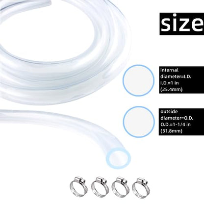 PVC Tubing 1" ID x 1-1/4" OD - 10 ft Clear Vinyl Tubing with 4 Stainless Clamps, Low Pressure Flexible PVC Tube, Lightweight Plastic Vinyl Hose for Transfer Water Air Oil. - size: 1 in. ID x 1-1/4 in. OD, style: 10 Ft.
