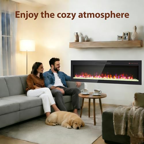 60" Electric Fireplace, Wall Fireplace Electric with Remote Control, 16 Adjustable Flame Colors, Wall Mounted/Recessed, 1400W Fireplace Insert Heater, Timer, Thermostat - size: 60 Inch Standard