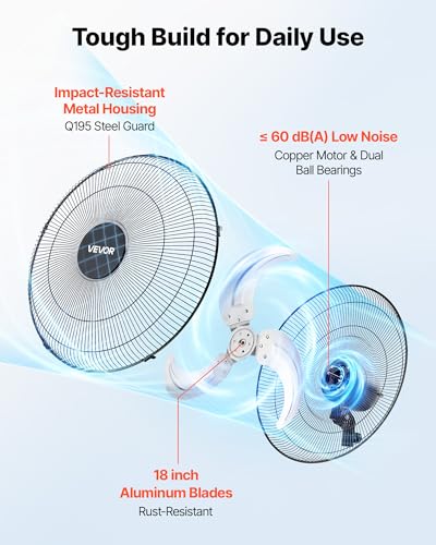 VEVOR Wall Mount Fan, 18 in Wall Mounted Hanging Fan Oscillating, 3-Speed, Long Airflow Distance, Adjustable Rotation Angle, Mechanical Powerful for Industry, Commercial, Garage, Workshop, Gym, Black - size: 18In-Oscillating