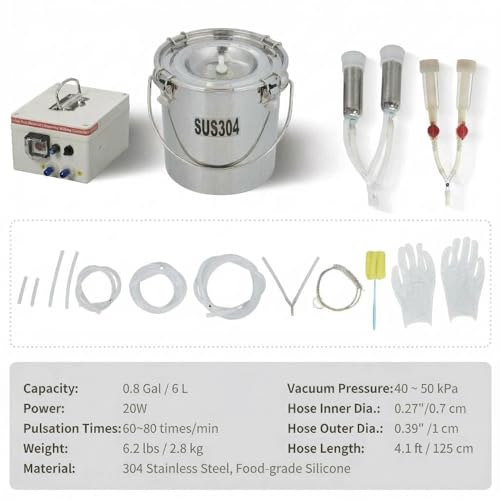 2-in-1 Electric Cow & Goat Milking Machine, Portable Milker with 0.8 gal Food-Grade Stainless Steel Bucket, 4 Teat Cups, 5200 MAh Rechargeable Battery & Pulsation Vacuum Pump