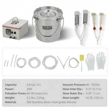 2-in-1 Electric Cow & Goat Milking Machine, Portable Milker with 0.8 gal Food-Grade Stainless Steel Bucket, 4 Teat Cups, 5200 MAh Rechargeable Battery & Pulsation Vacuum Pump