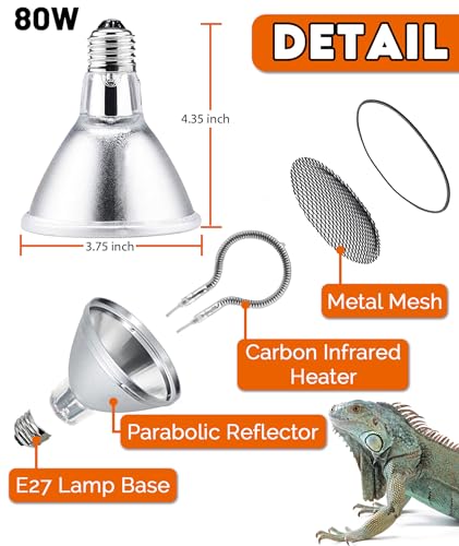 80W Deep Heat Infrared Projector Lamp for Reptiles, Emits both Infrared A & B Wavelengths, Reptiles Basking Light Heat Lamp Bulbs with Reflector for Bearded Dragons, Turtles, Snakes, Lizards, etc.