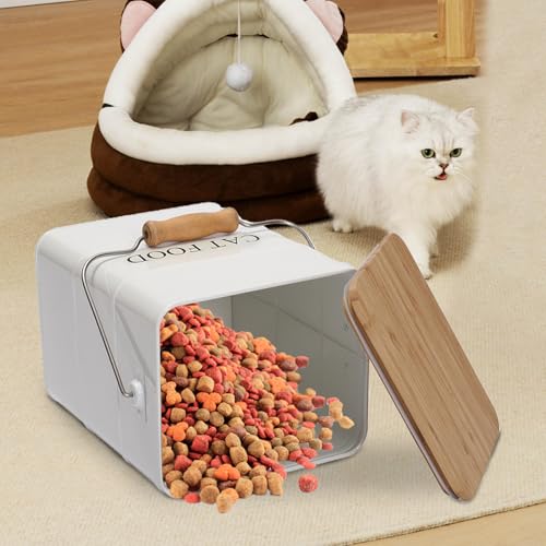 Morezi Cat Food Storage Container Storage bin with Wooden lid Scoop Included White Metal cat Food Container in Kitchen countertop - color: Cat Food Wood Lid white