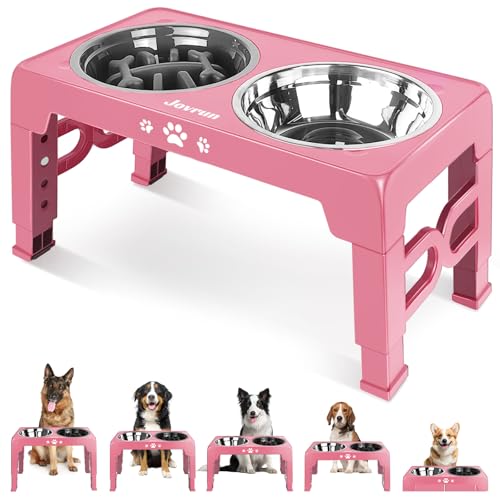 Jovrun Elevated Dog Bowls for Medium Large Size Dogs, Non-Slip Dog Feeder with 1*Stainless Steel Dishes & 1*Slow Feeder Bowl, 5 Heights Adjustable Raised Bowls to 3.15″-8.66″-9.84″-11.02″-12.2″ - color: Pink, size: for Medium Large Dogs 1 Basic&1Slow Bowl