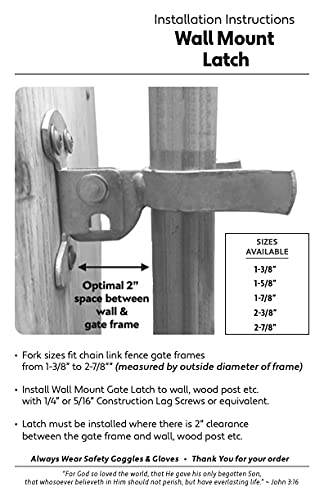Galvanized Wall Mount (Flat Back) Fork Gate Latch - Use for 2-7/8" (3") Gate Frames, Easily Mounts to Wooden Gate Post or Wall with Screws or Lag Bolts - Gate Latch Hardware - 1 Latch - size: 2-7/8" - Each