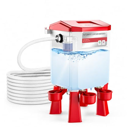 Automatic Chicken Waterer 2 Gallons, Chicken Water Feeder with Float Valve & 4 Water Cups, 13FT Hose Poultry Waterer System, Chicken Coop Water Dispenser for Chickens Ducks Quail Turkey (Red, 2 GAL) - color: Red