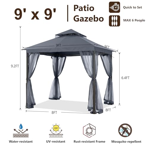 MASTERCANOPY Outdoor Patio Gazebo with Double Roofs, Stable Steel Frame and Mosquito Netting (9x9,Dark Gray) - color: Dark Gray, size: 9x9