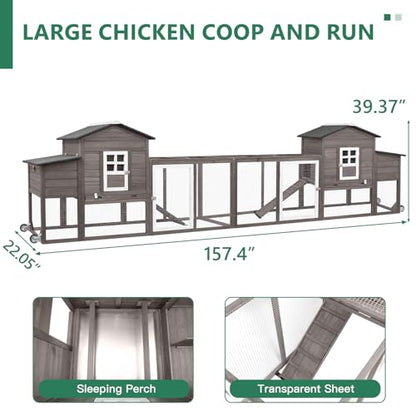158" L Large Chicken Coop with Run, Mobile Chicken Hen House with Wheels, Nesting Boxes, Outdoor Rabbit Hutch, Poultry Cage for Chickens Ducks Bunny with Removable Tray, Ramp (Grey) - color: 158" L Grey