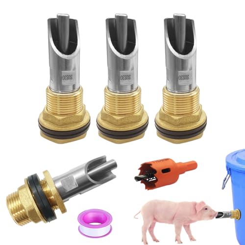 4 Sets Pig Nipple Waterer with Water Tank Connectors and Hole Opener | Sturdy,durable,and corrosion-resistant stainless steel and brass;Automatic Water Control System;Easy install with hole opener