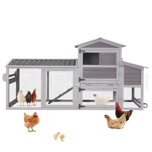 Aivituvin Large Chicken Coop Wooden with Wheels, Mobile Chicken Coop with Nesting Box & Waterproof Asphalt Roof, Expandable Chicken Cage with Run for 2–3 Chickens, Duck House - color: Grey, size: 80.6"L x 26.6"W x 42.4"H