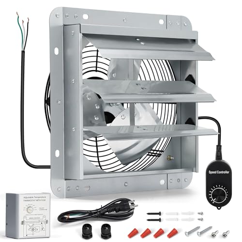 10 Inch Shutter Exhaust Fan, Wall Mount Attic Fan with Thermostat and Speed Controller for Greenhouses, Sheds, Garages, Chicken Coops, Barns Ventilation, 820 CFM - color: with Power Cord & Speed Controller & Thermostat, size: 10 Inch