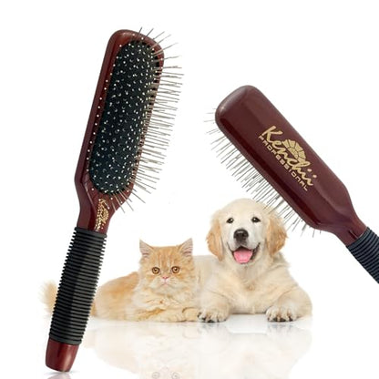 Kenchii Pet Grooming Metal Pin Brush | Solid Wood, Non-Slip Grip Detangling and Shedding Tool for Long or Short Haired Pets - Large Oblong Size - size: Oblong
