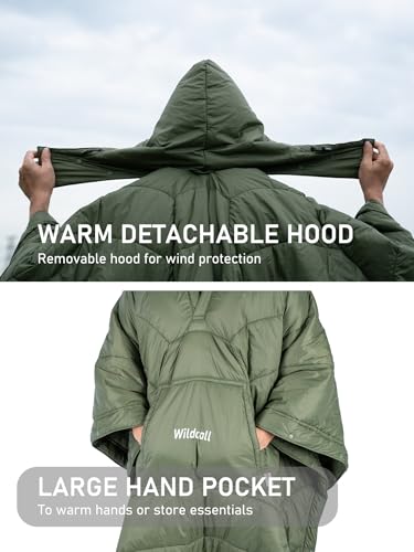 WildCall Hooded Camping Blanket with 3M Thinsulate Insulation Wearable Poncho Blanket Ultralight Foldable Quilt Sleeping Bag for Outdoor, Hiking, Stadium - color: Green
