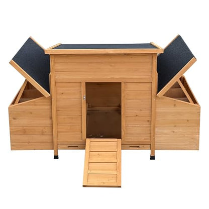 Large Wooden Chicken Coop with Waterproof Asphalt Roof, Fir Wood Poultry House with 6 Nesting Boxes & Ramp, Outdoor Weatherproof Hen Cage with Removable Tray for 6–8 Chickens