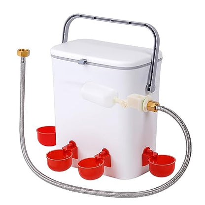Automatic Water Dispenser for Chickens, 2 Gallons Float-Control Auto Waterer with 4 Water Cups, Chicken Drinker with Hose Attachment for Chicks, Gooses, Ducks, Turkeys