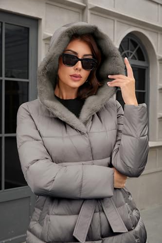 PAPILLON D'OR WEAR YOUR WINGS Women's Long Puffer Coat with Belt, Hood & Furry Lining - Knee-Length Winter Jacket - color: Mink-gray, size: Medium