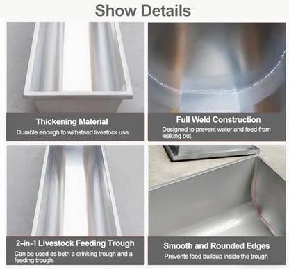 ERRULAN Stainless Steel Trough Feeder, Extra Large Pig/Cattle/Sheep Watering Troughs Load 7.6 15 21 30 Gal, Easy to Clean Livestock Feeding Troughs(150x30x18cm(59x11.8x7in)) - size: 150x30x18cm(59x11.8x7in)