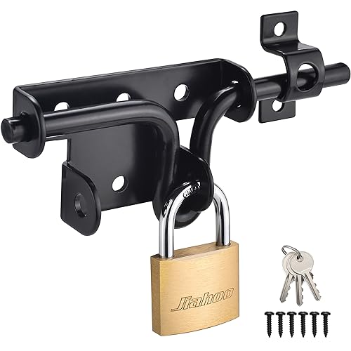 JIAHOO Door Lock Gate Latch, Heavy Duty Slide Bolt Door Lock with Brass Padlock & 3 Keys, Sliding Bolt Latch Hardware kit for Wooden Fence, Shed Door, PVC Fence, Barn Door - style: Slide Bolt Latch & Padlock
