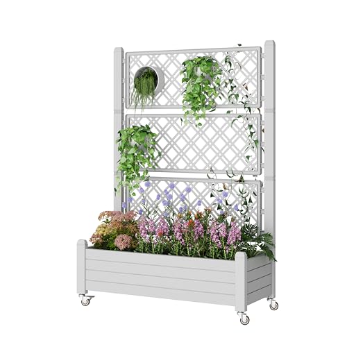Elevated Raised Garden Bed with Trellis&Wheels,Ashen-61.2" h | Planter Box with Trellis Outdoor, Raised Planter with Trellis with Drainage Holes & Water Monitor for Climbing Plants - color: Ashen, size: 61.2"h