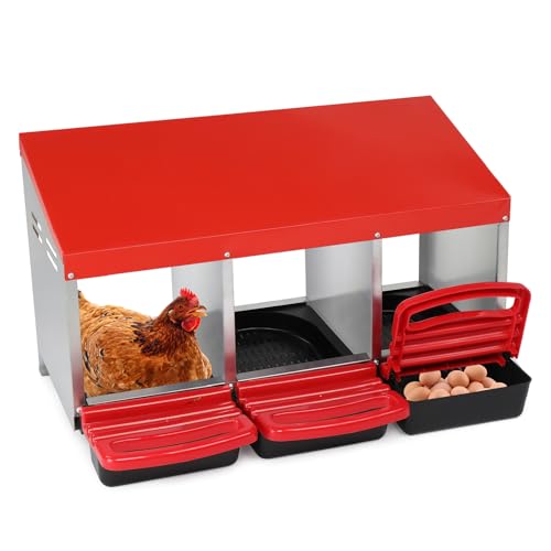 Chicken Nesting Boxes Plastic with Roll Away Egg,3 Compartment Roll Out Chicken Nest Box Egg Laying Box with Lid Cover,Rolling Egg Collection & Protection Chicken Coop for Up to 3 Hens,Red - color: Red, size: 31.9"L x 20.1"W x 18.5"H