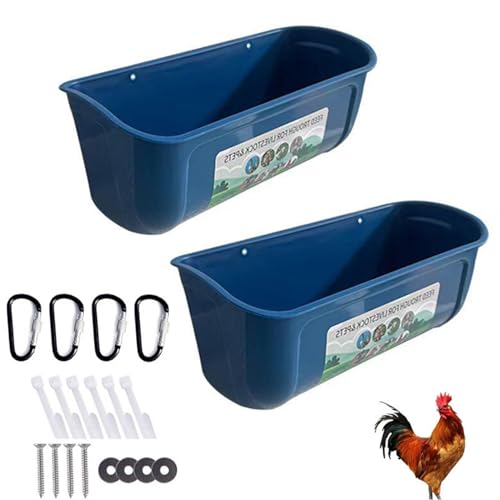 2 Pack Wall Mounted or Hanging Feed Trough, Anti-waste Lightweight Feeder Trough Chickens, Movable Poultry Water Troughs for Sheep/Dog(Blue) - color: Blue