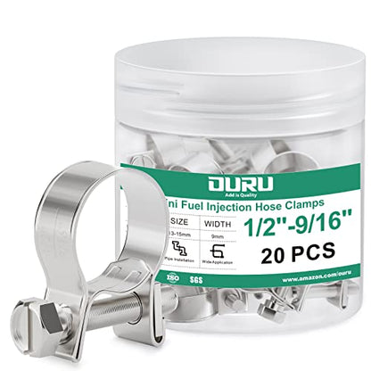 OURU 20PCS 5/16" Fuel Line Clamp 304 Stainless Steel,Adjustable 1/2"-9/16" Dia(13-15mm) Mini Fuel Injection Gas Line Hose Clamps,Pipe Clamp for Automotive,Diesel Petrol Pipe - size: 20PCS 1/2"-9/16" (13-15mm)