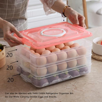 Egg Storage Container for Refrigerator, 3-Layer Deviled Egg Tray, Stackable Fridge Egg Organizer with Lid and Handle, Extra Large Holder, 60 Count Eggs Keeper(green 3 layer) | 3-Layer, 60 eggs, Stackable Storage Holder with Handle for Refrigerator for Cam