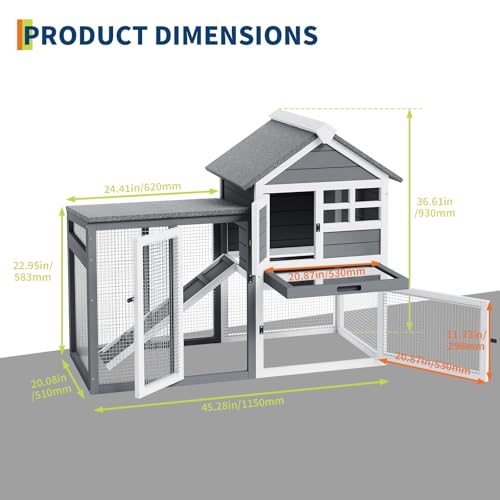 2-Story Rabbit Hutch, Small Wooden Chicken Coop, with Waterproof Roof, Pull Out Tray and Anti-Slip Ramp, Bunny Cage for Indoor Outdoor (45.28" L x 20.08" W x 36.61" H)