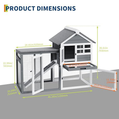 2-Story Rabbit Hutch, Small Wooden Chicken Coop, with Waterproof Roof, Pull Out Tray and Anti-Slip Ramp, Bunny Cage for Indoor Outdoor (45.28" L x 20.08" W x 36.61" H)