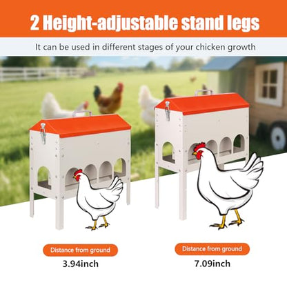 15Lb Automatic Chicken Feeder, Metal Gravity Chicken Feeder | Poultry Feeder Trough for Chickens Turkeys Quails, Chicken Coop Feeder, with 10 Feeding Openings Adjustable Legs