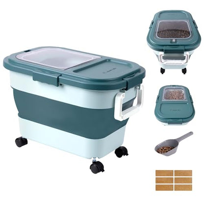 Wood Pellet Storage Container 20-25lbs, Airtight Bin with Locking Lid & Clear Window, Collapsible Pellet Bucket with Wheels, Scoop & Labels, Dark Green - color: Green-M