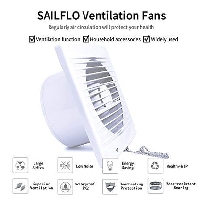 4 Inch Wall-Mounted Exhaust Fan, 12W Ventilation Extractor with Anti-backflow Check Valve Chain Switch for Window Duct Glass Grow Tent Bathroom Vents - 6"×6" Grid Panel - Small Size - size: Φ4 Inch with Rope Switch