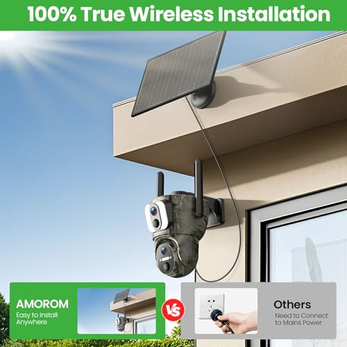AMOROM 4G LTE Cellular Solar Camera with Dual Lens, No WiFi Needed | 2K 360° Outdoor Solar Camera Built-in SIM Card, Full Color Night Vision, IP65 Waterproof, APP Remote Control