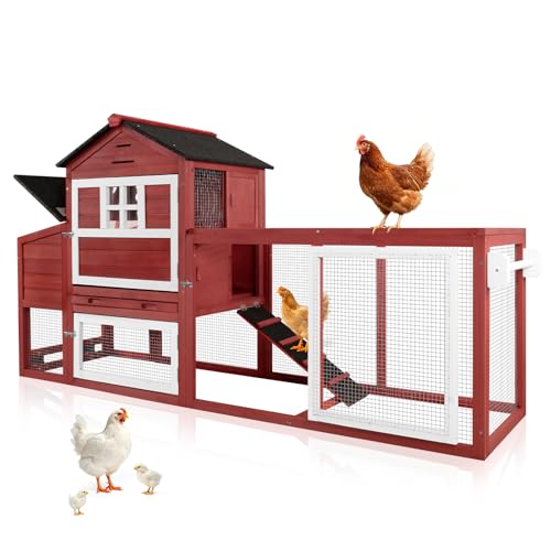 Chicken Coop with Run for 4-6 Chickens, Outdoor Mobile Hen House with Wheels, Easy Clean Nesting Box and Tray, Waterproof Asphalt Roof, Better Airflow, Wooden Poultry Cage, Red, 81.5"x25.6"x44.1" - color: Red, size: 81.5"x25.6"x44.1"