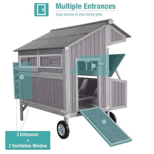Outdoor Chicken Coops with Large Wheels,Wooden Hen House with 3 Nesting Boxes Leak Proof Pull-on Tray and UV-Resistant Roof Panel - color: Grey, size: 48.58"L x 37.58"W x 51.22"H