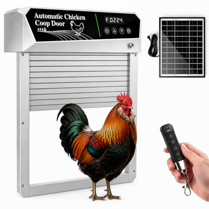 Automatic Chicken Coop Door Solar Powered, Roll-Up Auto Chicken Door with Timer & Light Sensor, Anti-Pinch Safety, Remote Control, Weatherproof Aluminum