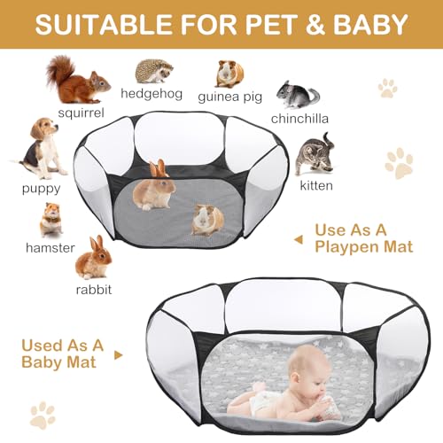 VitalCozy Hamster Playpen with Mat Small Animal Cage Tent Breathable Transparent Guinea Pig Playpen Waterproof Portable Yard Fence Mat Foldable Exercise Playpen Outdoor Indoor (Black,Star) - color: Black