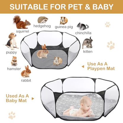 VitalCozy Hamster Playpen with Mat Small Animal Cage Tent Breathable Transparent Guinea Pig Playpen Waterproof Portable Yard Fence Mat Foldable Exercise Playpen Outdoor Indoor (Black,Star) - color: Black