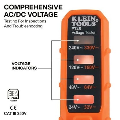 Klein Tools ET45 Digital AC/DC Voltage Tester, 12-240V AC, 32-330V DC, LED Illumination, DC Polarity, Auto Off, CATIII 350V-Class 2-Double Insulation, IP44 Dust & Water Resistant, No Batteries Needed - style: 24/240 V