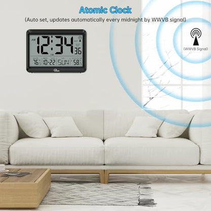 WallarGe Atomic Clock with Indoor Outdoor Temperature - 8.5'' Digital Clock Battery Operated, Self-Setting, 4 Time Zones, DST - size: 8.5 INCH
